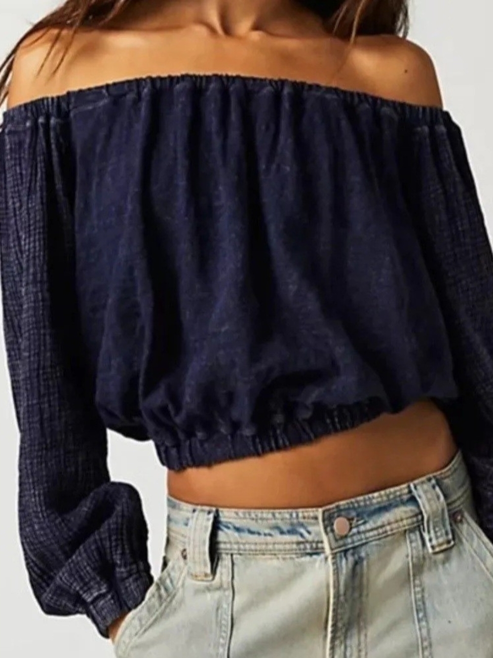 Free People Navy Off-the-Shoulder Crop Top